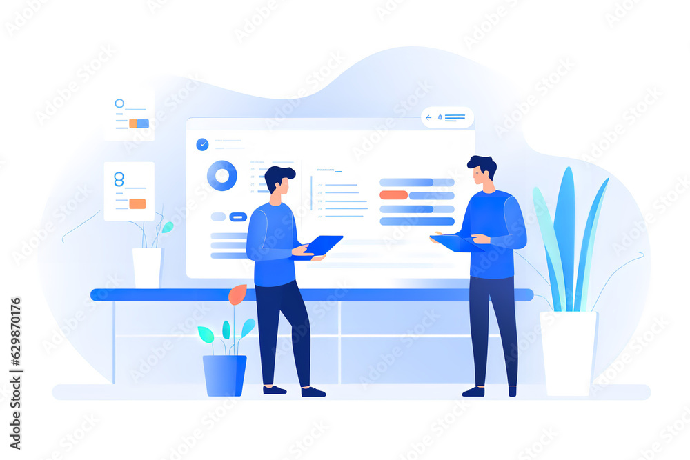 A customer and a consultant working standing on a project, UX design, UI design, Behance contest winner, Figma, Popular on Dribbble, white background, azur colors, header design, vector style, minimal A customer and a consultant working standing on a project, UX design, UI design, Behance contest winner, Figma, Popular on Dribbble, white background, azur colors, header design, vector style, minimal