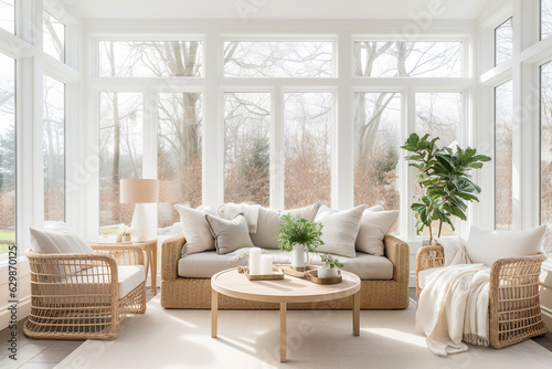 A bright and airy sunroom with a Scandinavian-inspired design, featuring plenty of natural light and a neutral color palette with pops of greenery