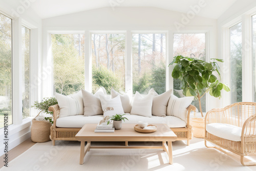 A bright and airy sunroom with a Scandinavian-inspired design, featuring plenty of natural light and a neutral color palette with pops of greenery © Nate