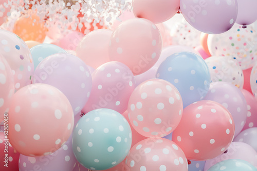 A close-up shot of an arrangement of helium-filled balloons, each adorned with intricate polka dot patterns in a harmonious blend of pastel hues