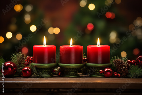 A festive holiday scene with candles in traditional holiday colors  such as red and green  adding a cozy touch to the decor