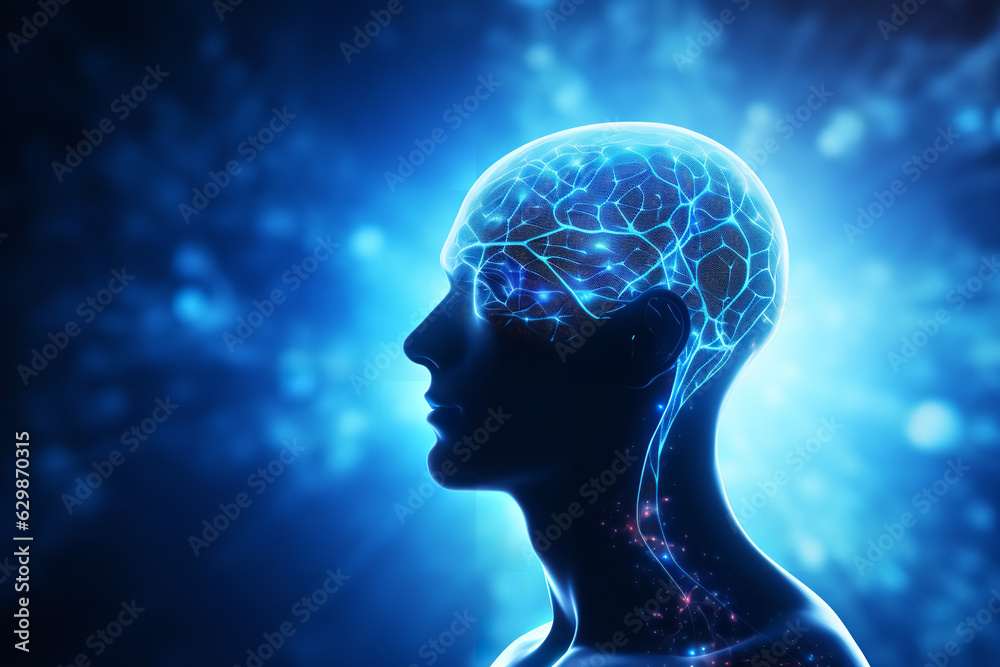 A realistic black silouet of a person with a white brain outline inside of the head, blue digital background