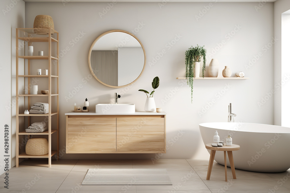 A relaxing bathroom with a Scandinavian design, featuring clean lines and light wood accents, creating a calming spa-like atmosphere