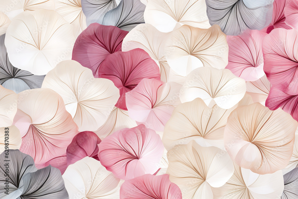 A seamless pattern showcases a cascade of soft petals, arranged in a harmonious and balanced composition. The petals, with their gentle curves and graceful lines, create a soothing A seamless pattern showcases a cascade of soft petals, arranged in a harmonious and balanced composition. The petals, with their gentle curves and graceful lines, create a soothing