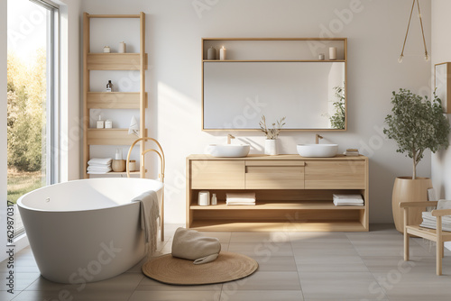 A relaxing bathroom with a Scandinavian design  featuring clean lines and light wood accents  creating a calming spa-like atmosphere