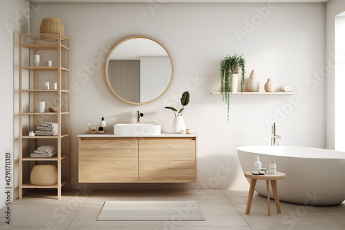 Obraz na płótnie A relaxing bathroom with a Scandinavian design, featuring clean lines and light wood accents, creating a calming spa-like atmosphere w salonie