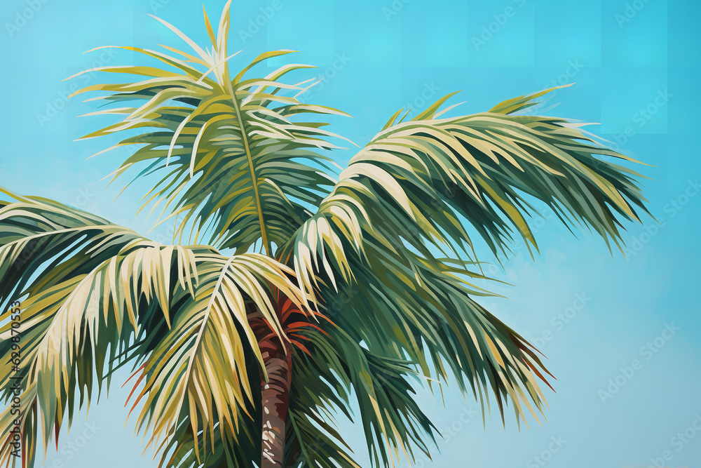 A sunlit palm tree, with its swaying fronds and slender trunk, dances against a backdrop of brilliant turquoise, evoking feelings of tropical bliss and relaxation