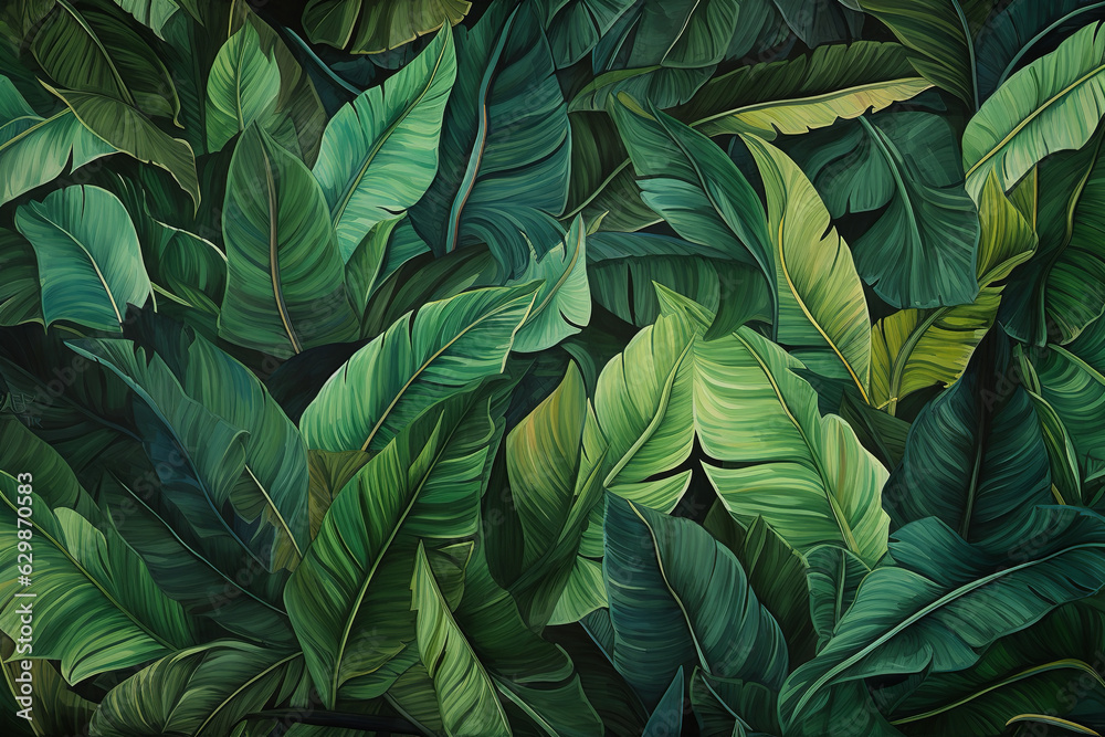 A tropical tapestry unfolds, showcasing a mosaic of palm leaves in varying shades of green, their intricate patterns and textures providing a sense of depth and dimension to any surface