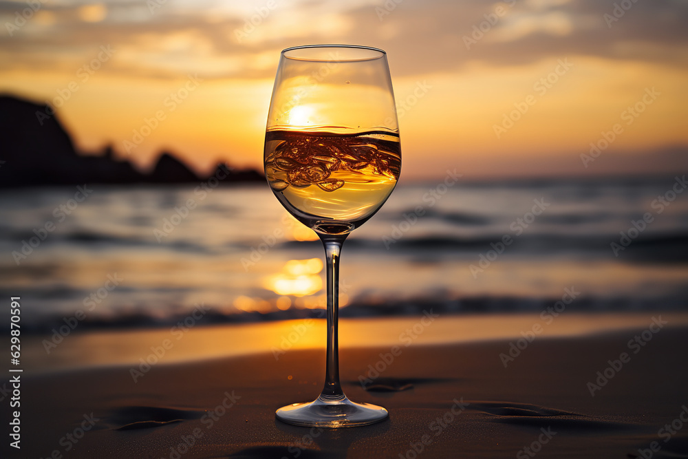 A wine glass stands on a beach at sunset, as waves gently crash in the background. The glass is filled with a golden dessert wine, evoking a sense of relaxation 