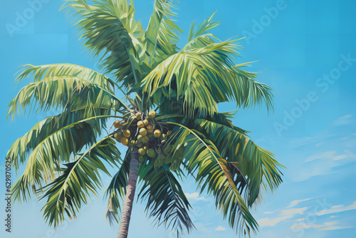 A sunlit palm tree  with its swaying fronds and slender trunk  dances against a backdrop of brilliant turquoise  evoking feelings of tropical bliss and relaxation
