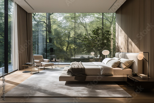 A spacious bedroom with floor-to-ceiling windows that allow abundant natural light to filter in. The room is furnished with a plush, contemporary bed and minimalist decor, providing a calming and rest © Nate