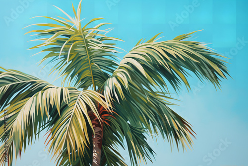 A sunlit palm tree  with its swaying fronds and slender trunk  dances against a backdrop of brilliant turquoise  evoking feelings of tropical bliss and relaxation