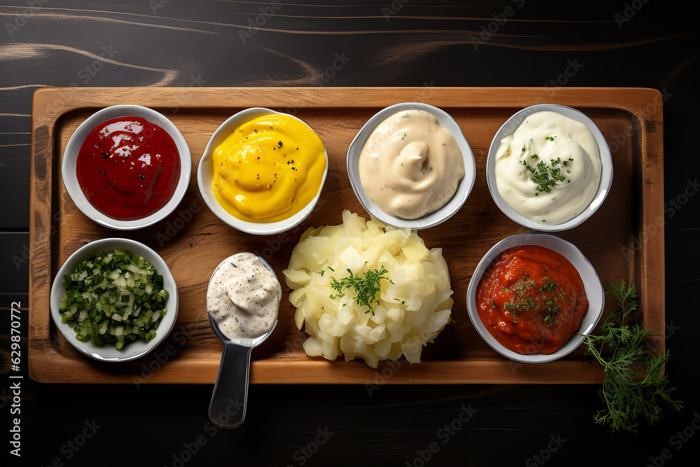 An overhead shot of different condiments, including tartar sauce