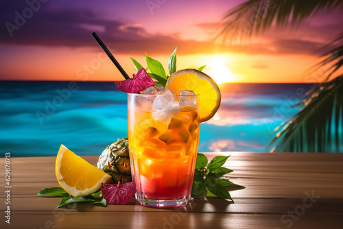 Against a backdrop of a tropical sunset, a vibrant summer cocktail shines in a dazzling glass. The cocktail, a vibrant blend of exotic fruits and tangy citrus, is garnished with slices of fresh mango 