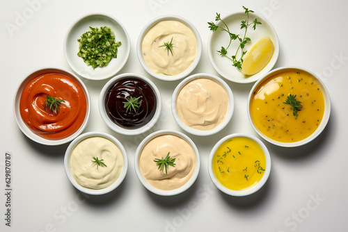 An overhead shot of different condiments, including tartar sauce, horseradish sauce, hollandaise sauce, and aioli, arranged in a visually appealing flat lay composition