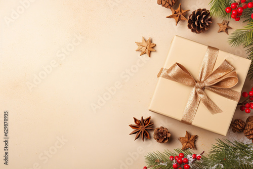 Christmas decoration composition on light gold background with beautiful Golden gift box with red ribbon, fir branches, cones, stars, Christmas cookies,cinnamon, top view, copy space, banner format © Nate