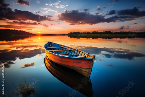classic wooden boat floating on a pristine lake as the sunset, dynamic composition and dramatic lighting, the Tyndall effect, rule of thirds composition, blue, orange, red, yellow © Nate