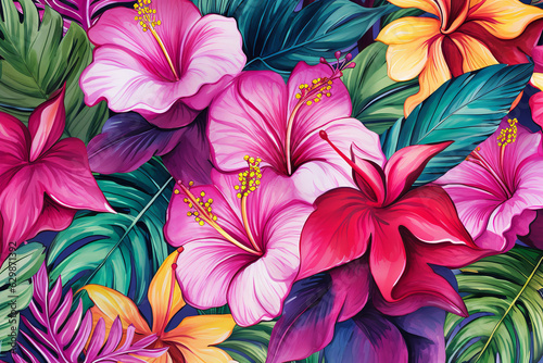 watercolor-style illustration of tropical leaves and hibiscus patterns. Colorful and pop.