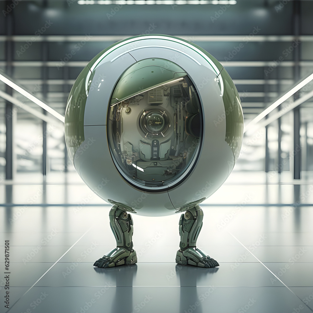 A futuristic ball robot with green shell standing in a hallway