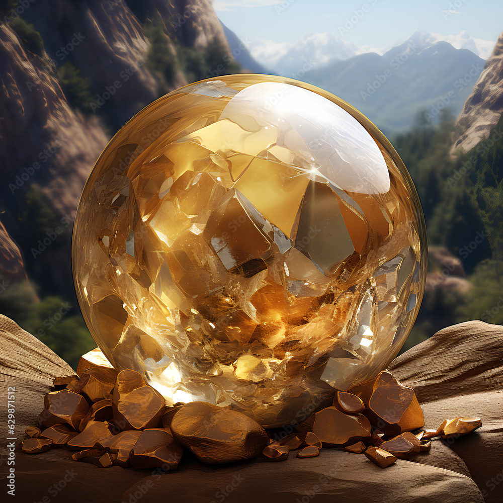 A glass ball filled inside with gold colored stones