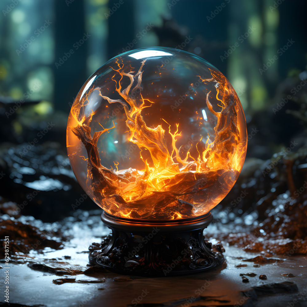 Witch glass ball with dark base and flames inside