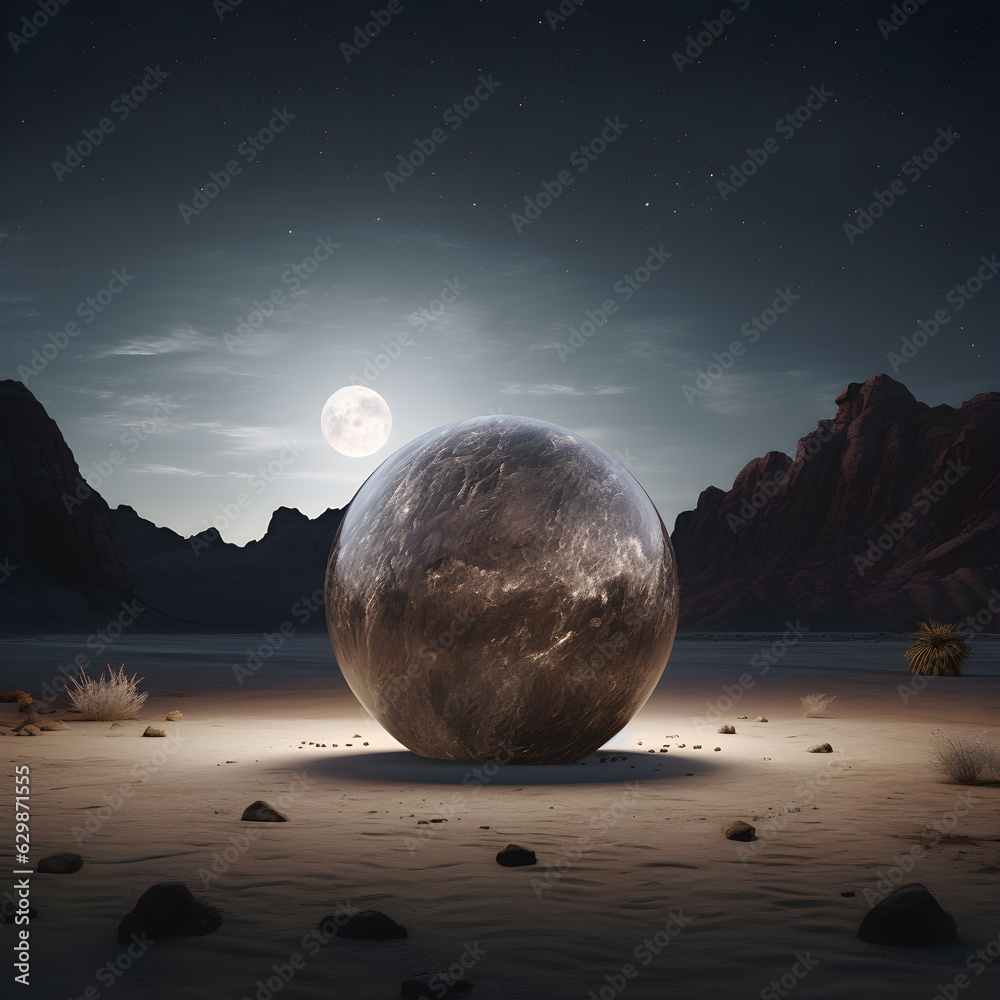 A stone sphere stands on a lunar landscape at night