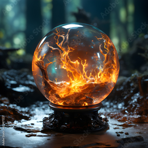 Obraz na płótnie Witch glass ball with dark base and flames inside w salonie
