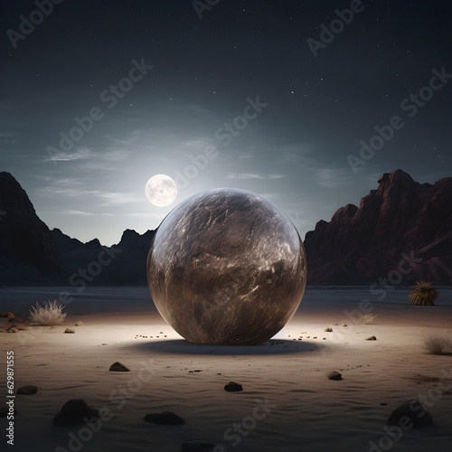 Obraz na płótnie A stone sphere stands on a lunar landscape at night w salonie