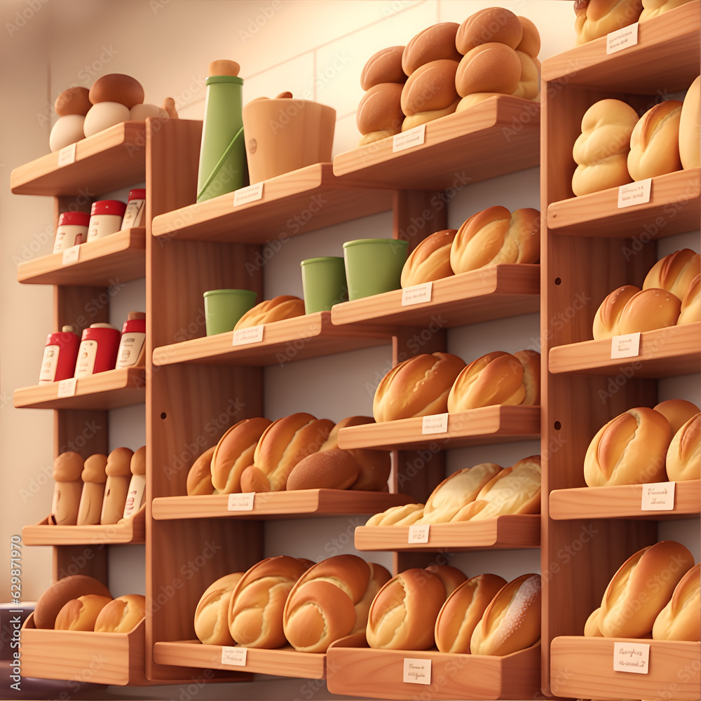 パン屋の店内。様々なパンが並べられている商品棚