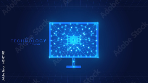 Polygon computer monitor. Video content creator. Low Poly wireframe style