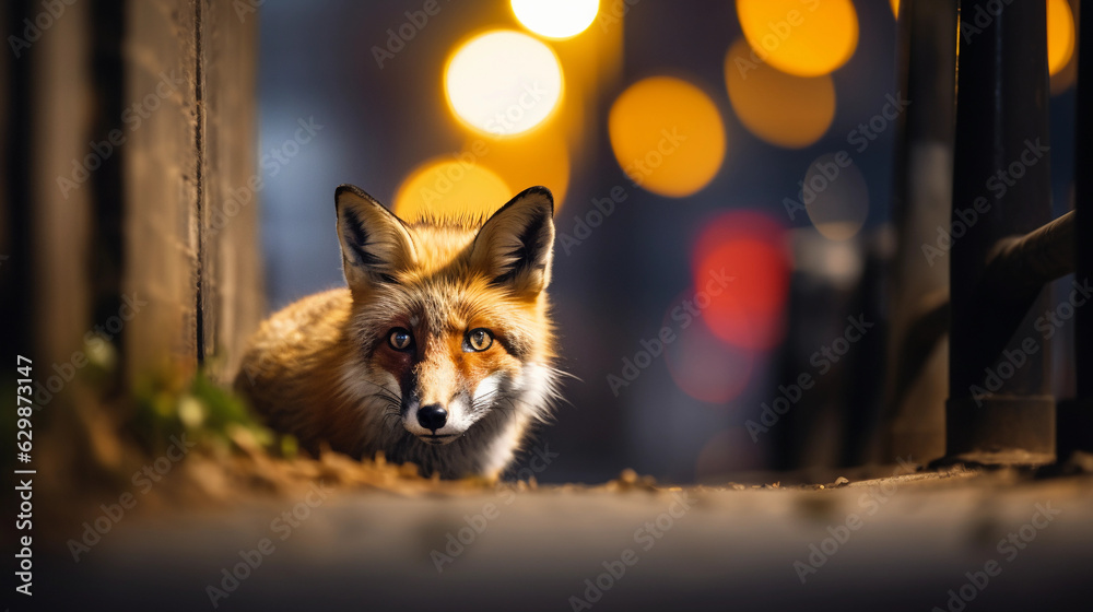 a red fox, cautiously peeking out from an urban alleyway at night, illuminated by the soft glow of a nearby streetlamp