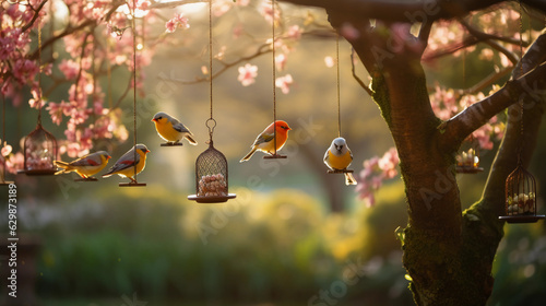 city park, a wide variety of birds gathered around a bird feeder hanging from a tree