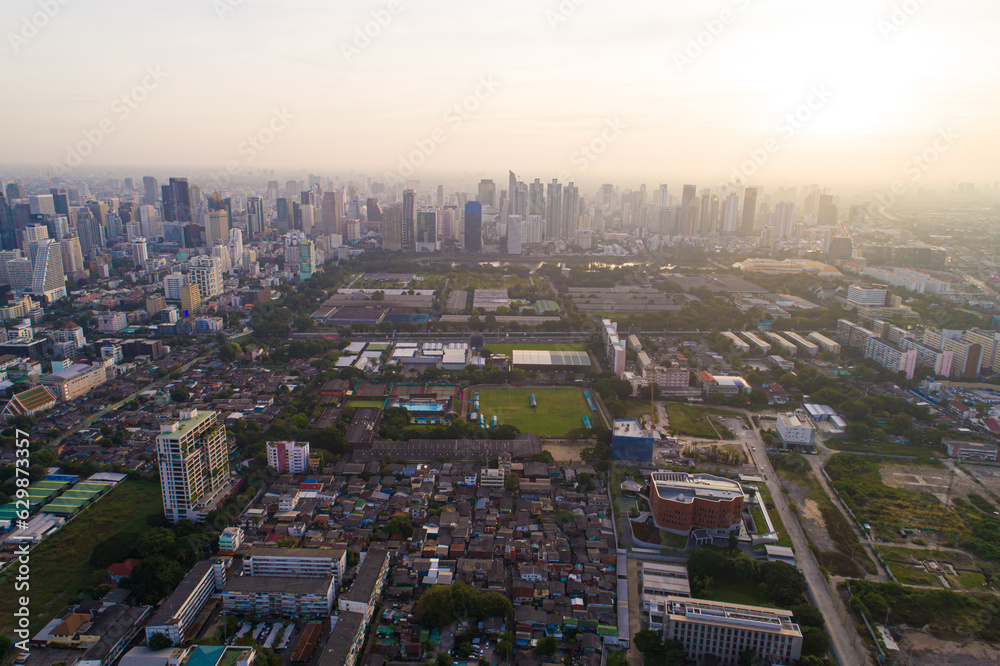 Obraz premium Aerial view Office building with Lumpini Park downtown Financial district center in Sathorn