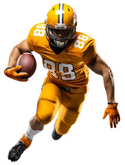 An American football player in a yellow uniform and a helmet runs with the ball in his right hand. Isolated transparent background