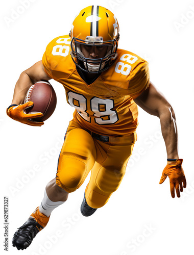 An American football player in a yellow uniform and a helmet runs with the ball in his right hand. Isolated transparent background
