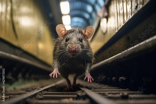 Urban rat in a subway tunnel, dramatic, intense, grimy atmosphere, spotlight effect