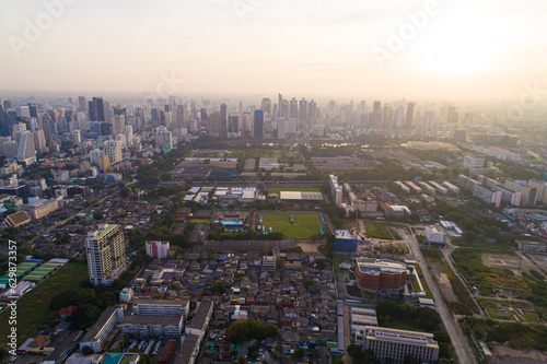 Aerial view Office building with Lumpini Park downtown Financial district center in Sathorn