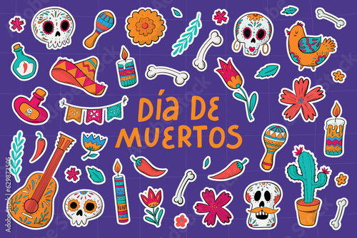 day of the dead doodles, pre made stickers with white edge, cartoon elements for prints, cards, stationary, planners, sublimation, etc. EPS 10