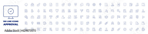 100 icons Approval collection. Thin line icon. Editable stroke. Containing accept, approval, best practice, check, accepted, bitcoin accepted, activism, briefcase, agree, candidate, checking.