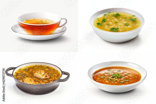 set of plate with broth isolated on white background.