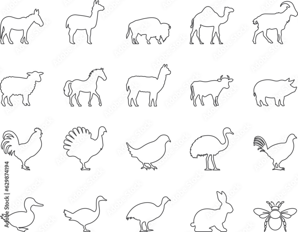Farm Animals and Livestock Icons Set. Horse, Sheep, Goat, Rabbit. Editable Stroke. Simple Icons Vector Collection Farm Animals and Livestock Icons Set. Horse, Sheep, Goat, Rabbit. Editable Stroke. Simple Icons Vector Collection