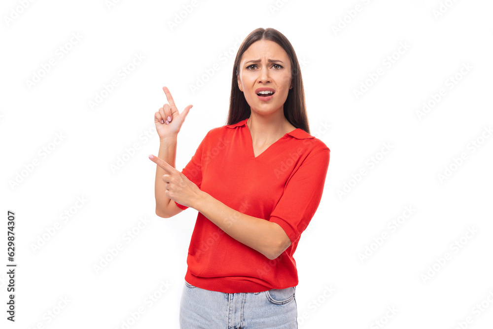 a young European woman with dark straight hair wearing a red short-sleeved shirt actively gestures and uses facial expressions a young European woman with dark straight hair wearing a red short-sleeved shirt actively gestures and uses facial expressions