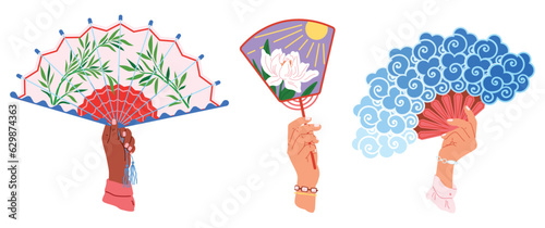 Chenese and Japanese hand fan. Vector illustration. A hand fan, artist sketching air with coolness A Japanese fan, tapestry of tales told in silence A beauty geishfan, celebration of timeless elegance