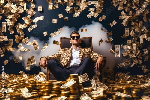 Conceptual portrait of a smiling successful handsome young man sitting relaxing carelessly, airily and light-heartedly enjoying his success surrounded by his gold  and money. Generative AI