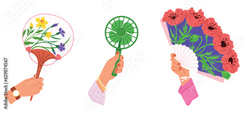Chenese and Japanese hand fan. Vector illustration. A Japanese fan, diary of silent tales told in whispers A beauty geishfan, dance captured in lines and curves A Chinese fan, window to land