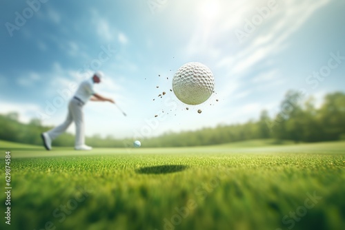 white golf ball soaring through the air towards the distant hole on the green background