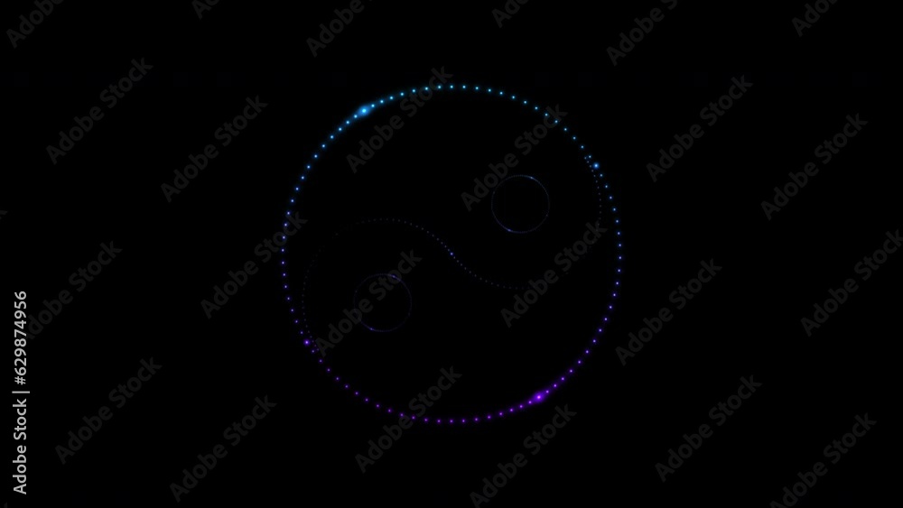 The Yin-Yang symbol with gradient, isolated on a black background and smoothly looming from many neon dots glowing blue. 4k loop video animation 60 fps. The Yin-Yang symbol with gradient, isolated on a black background and smoothly looming from many neon dots glowing blue. 4k loop video animation 60 fps.