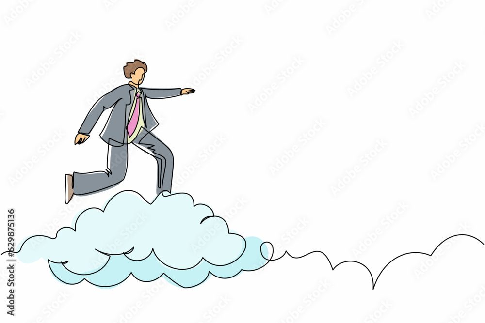 Single continuous line drawing businessman riding cloud on the sky, pointing forward, go to future, business concept. Manager on cloud way to success. One line draw graphic design vector illustration Single continuous line drawing businessman riding cloud on the sky, pointing forward, go to future, business concept. Manager on cloud way to success. One line draw graphic design vector illustration