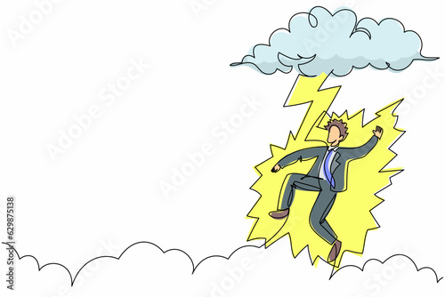 Continuous one line drawing unhappy businessman struck by lightning or thunder from dark cloud. Bad luck, misery, unlucky, disaster, risk, danger. Single line draw design vector graphic illustration