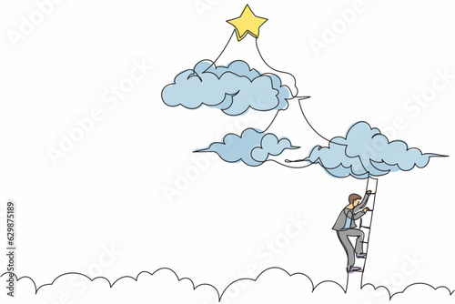 Single one line drawing businessman climbing ladder to reach out for stars. Employee climb career path. Motivation to be success, winning goal. Continuous line draw design graphic vector illustration